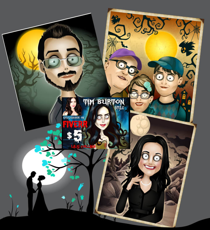 I will do tim burton style custom halloween illustration for you