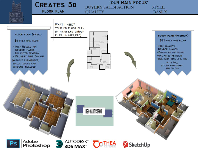 I will create 3D floor plan by SketchUp in 10 hours