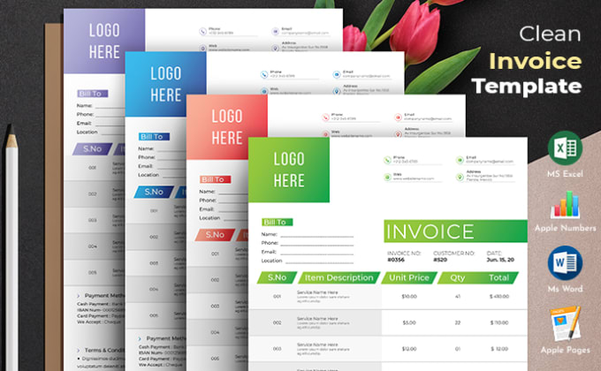 I will design auto calculation clean invoice excel, apple numbers, pages, word format