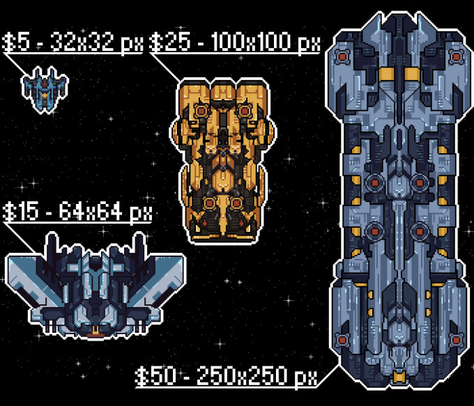 I will create pixel spaceship or starship