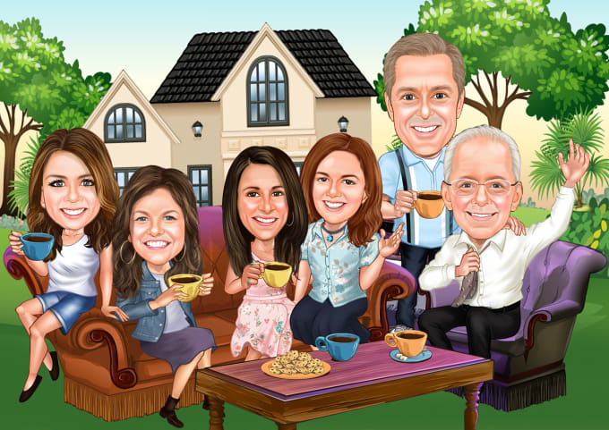 I will draw surprising family cartoon caricature, group portrait
