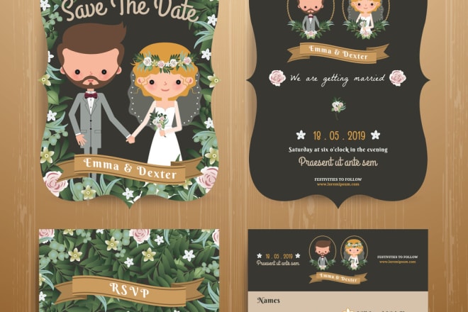 I will design a custom wedding invitations, save the date, rsvp