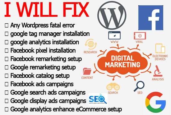 I will troubleshoot wordpress, google analytics, tag manager and facebook pixel issues