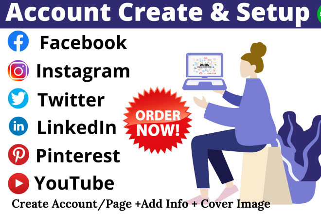 I will create and setup instagram, fb, pinterest, twitter, youtube, linkedin accounts