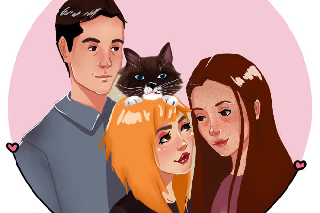 I will draw a cute portrait of you and your family, boyfriend, girlfriend or friends