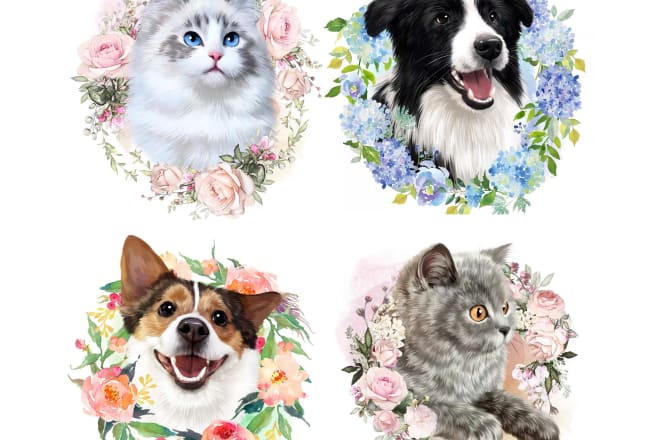 I will draw realistic cartoon animal pet portrait with flower frame
