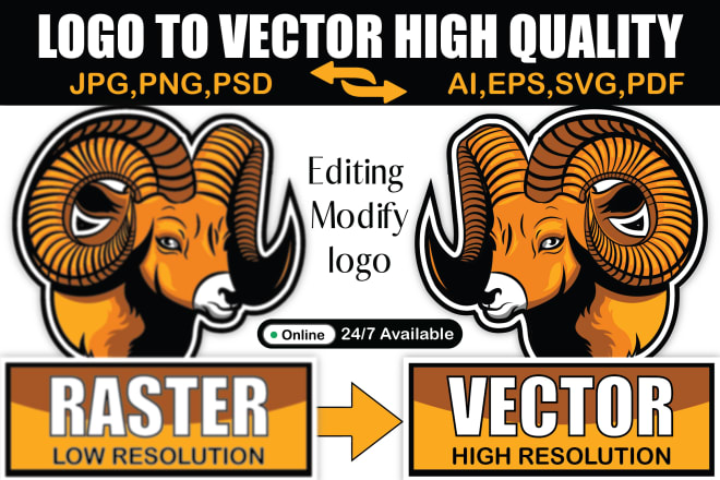 I will edit, modify, redraw logo, image to vector, ai, eps, svg, psd, pdf etc