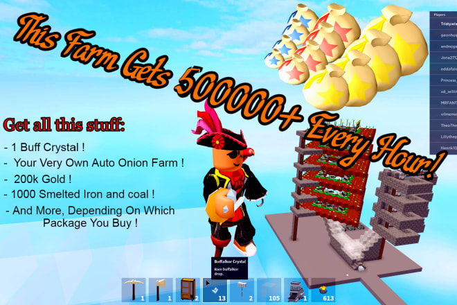 I will make you an auto onoin farm in roblox skyblock with my resources