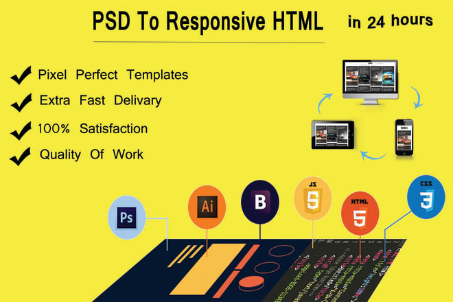 I will convert sketch, psd, xd, pdf to html responsive in 24 hours