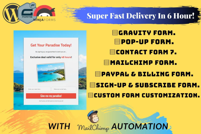I will creat gravity form, ninja form, contact form 7, popup form, multi step form