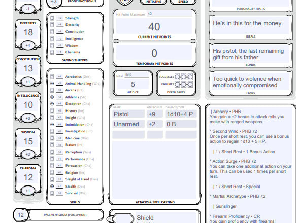 I will create a dungeons and dragons character sheet for you