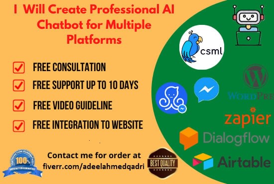 I will create ai based chatbots in dialogflow, bot framework for facebook, whatsapp