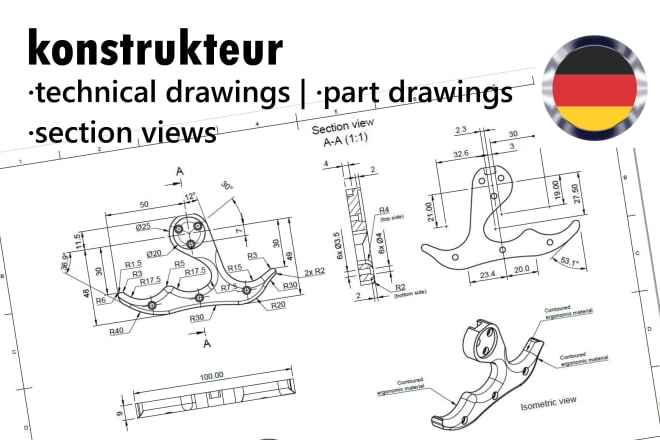 I will create technical drawings, part drawings and sections views