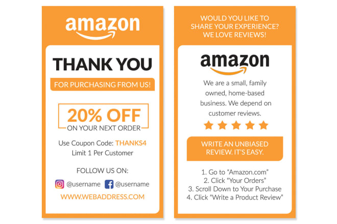 I will design amazon thank you card, product insert, package insert for you