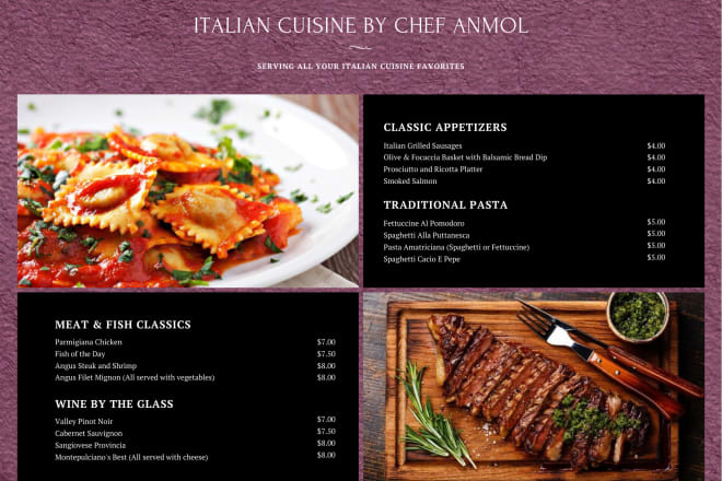 I will design restaurant menu, food menu, price list within 24 hour