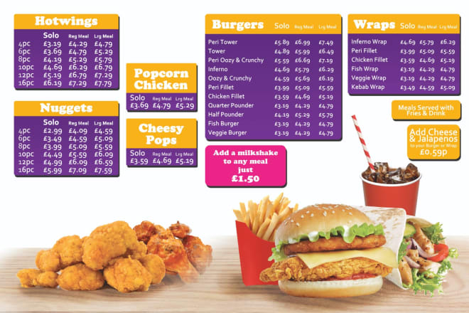 I will design takeaway restaurant menu boards and leaflets