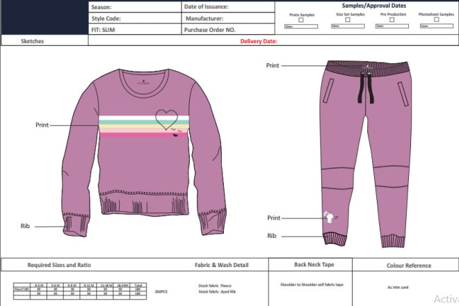 I will design tech pack specs sheet sketch 3d mockup of apparels