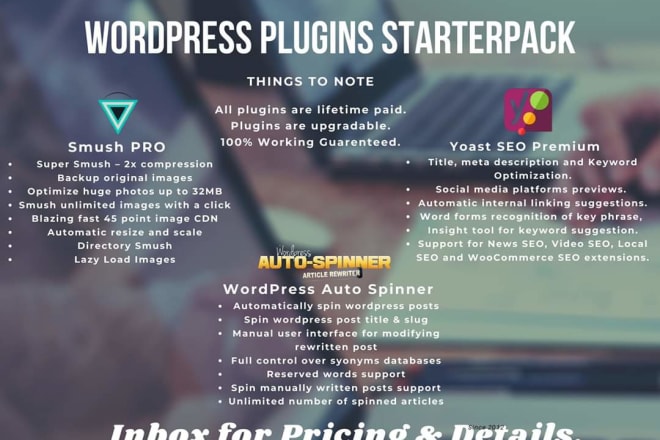 I will install yoast SEO premium smush pro and article rewriter for wordpress