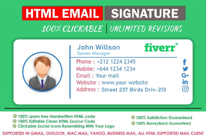 I will make HTML email signature for outlook,gmail,mac within 6 hrs
