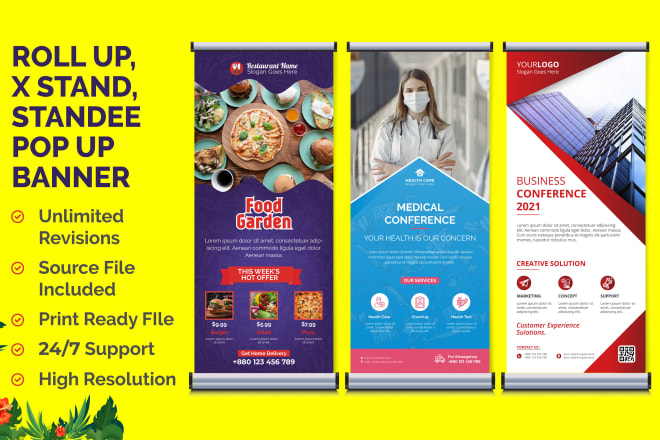 I will design creative roll up banner, pop up, retractable, x stand, standee banner