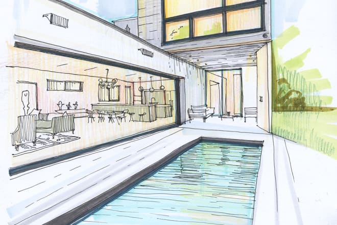 I will do concept hand drawn architectural render sketch
