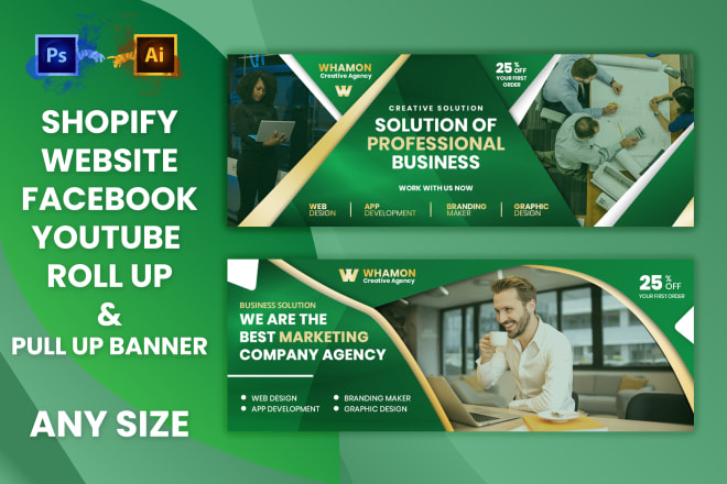 I will do website banner,shopify banner,fb banner,youtube channel art,roll up banner