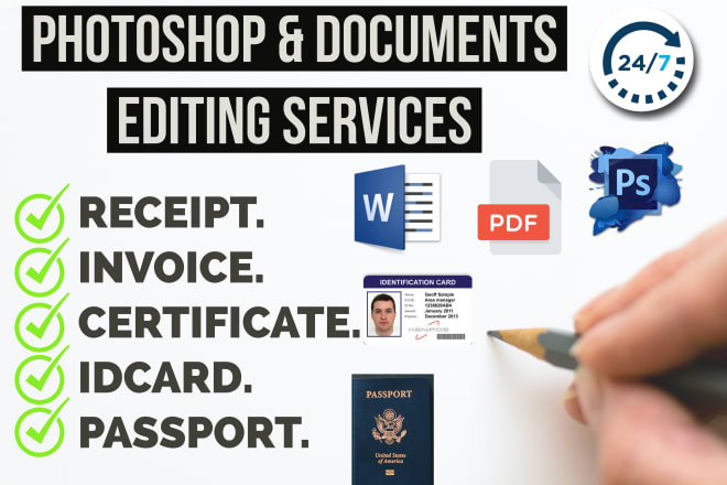 I will photoshop document editing, edit pdf, text, invoices, screenshots and other