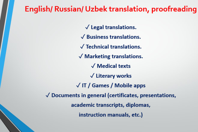 I will translate your english, russian, uzbek texts qualitatively