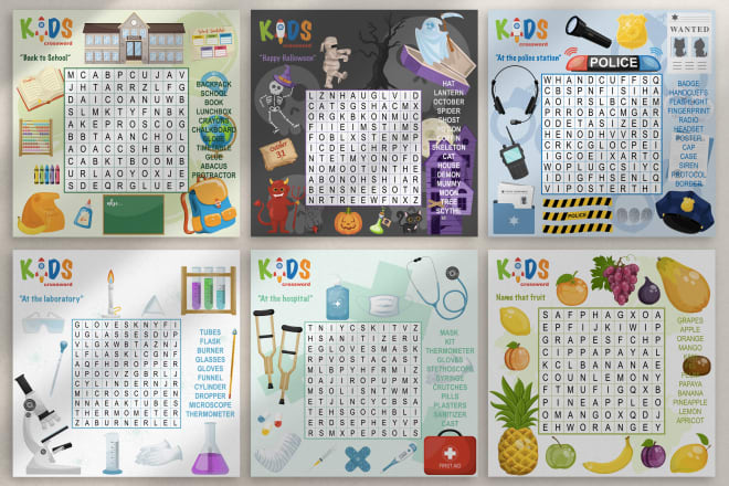 I will create cute illustrated word search puzzles for kids