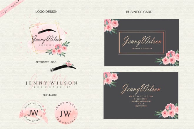 I will design watercolor feminine cosmetics and eyelash logo with business card