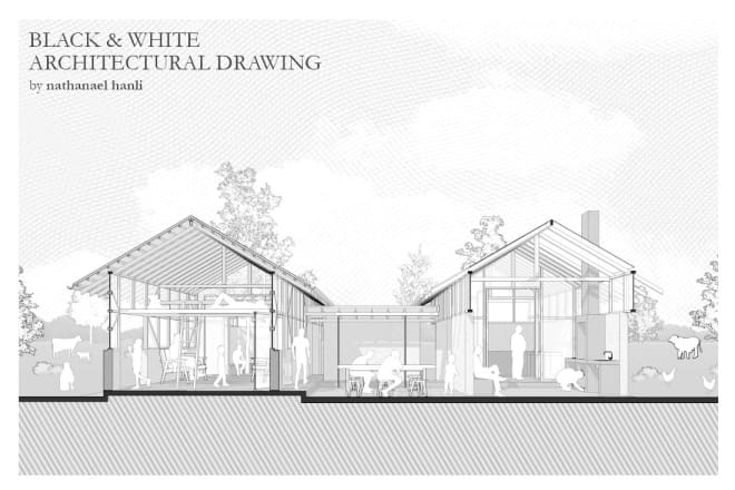 I will render architecture design plan, section, elevation as black and white model