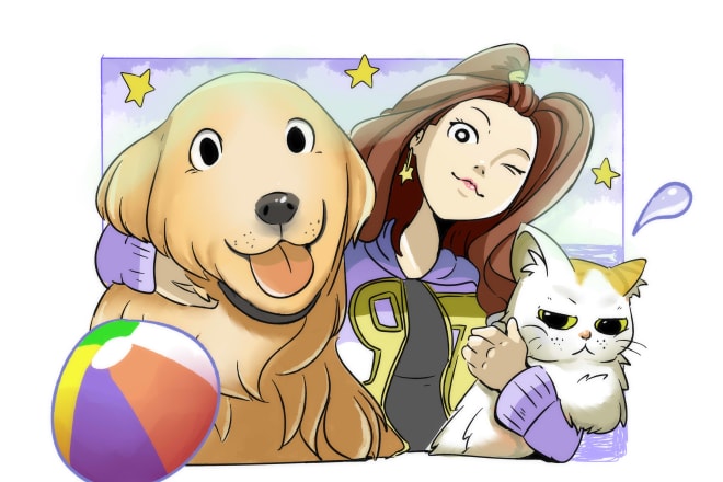 I will make cute illustration of your pet with you in my style