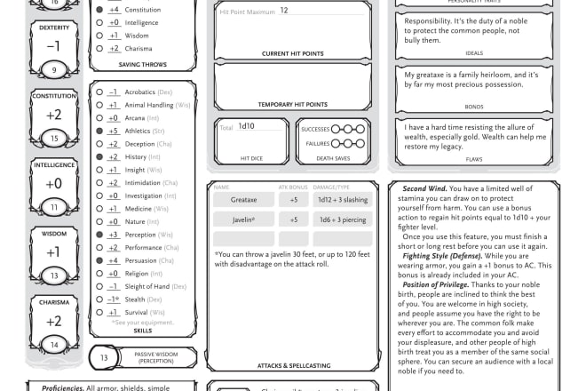 I will create a custom dnd character sheet