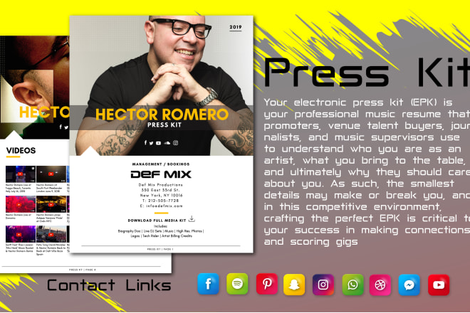 I will design epk, electronic press kit, media kit and press kit