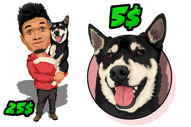 I will make amazing dog cat pet cartoon portrait with caricature