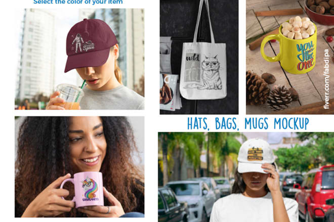 I will create amazing realistic mugs, hats, totes and bags mock up mockup