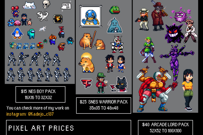 I will create pixel art characters, items, etc and animate them