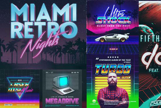 I will design synthwave, retrowave, 80s retro, album cover, single cover art or neon