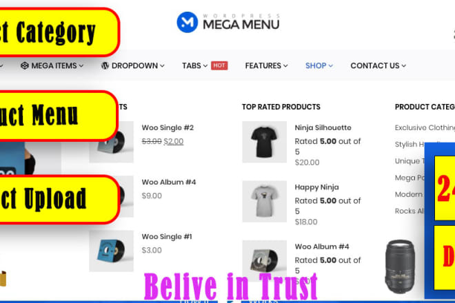 I will do wordpress woocommerce menu product category in 24 hour