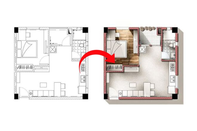 I will draw a 2d colored floor plan in photoshop