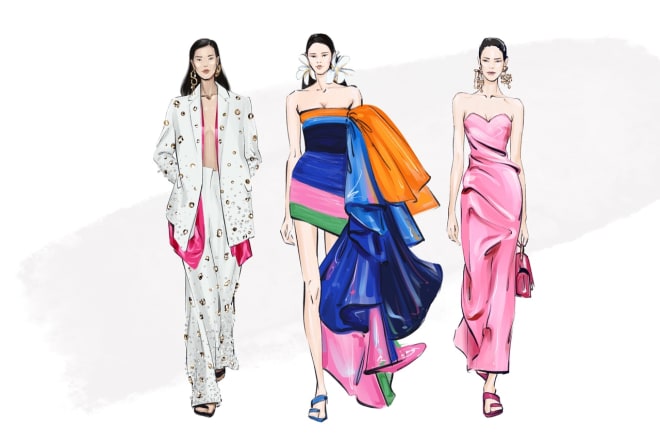 I will draw a fashion illustration or sketch of a figure in clothes