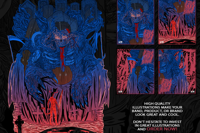 I will draw detailed dark art illustration for cover album or merch