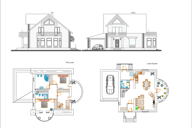 I will make duplex floor plan, elevation, section and site plan