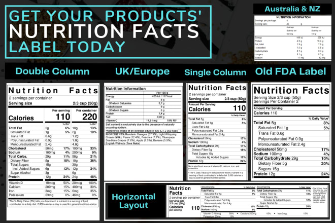 I will make fda, cfia, eu or fsanz compliant nutrition facts label