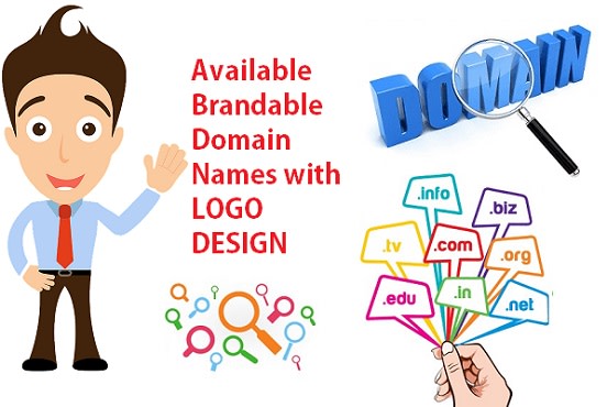 I will research and find available brandable domain names with logo