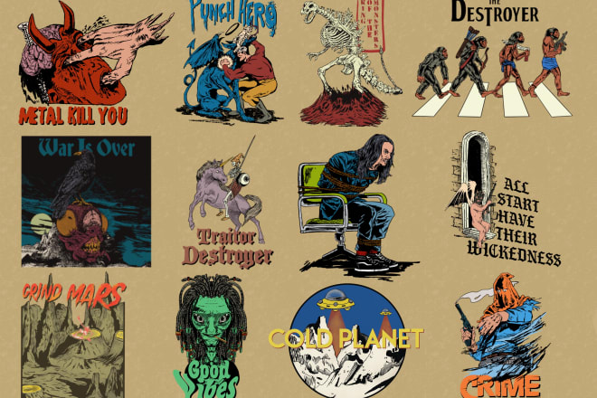 I will create artwork vintage, dark, skulls, aliens, skateboards and others