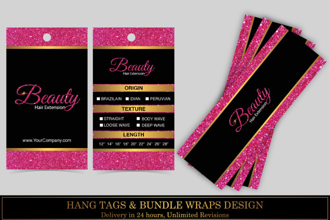 I will design hang tags or bundle wraps for hair extension business