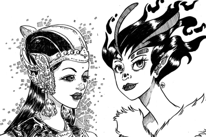 I will draw fantasy, cute, comic in black and white illustration