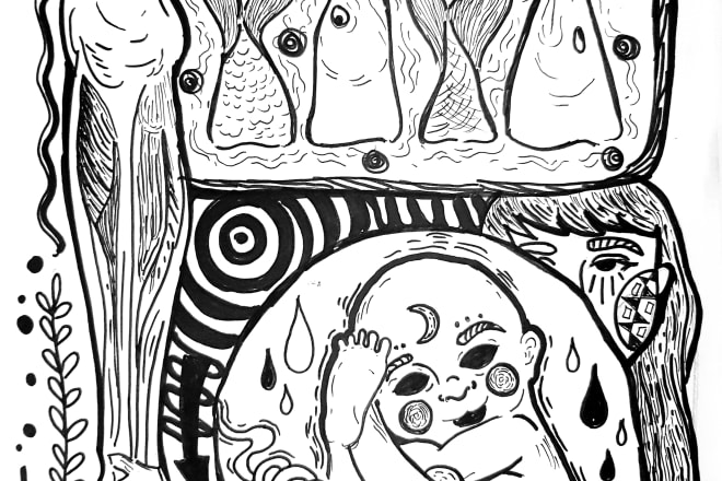 I will draw illustration freehand and digital, black and white