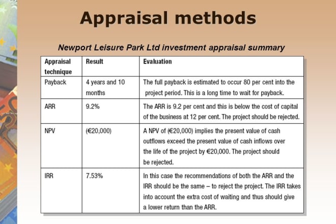 I will prepare net present value analysis and other investment appraisals